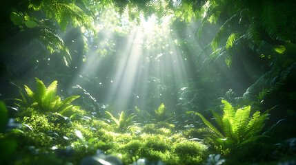 Verdant ferns flourish in a sunlit lush undergrowth Rays pierce the canopy creating an ethereal serene forest ambian