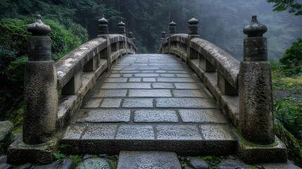 Gray Stone Bridge In Misty Forest