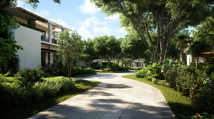 Obraz premium Sunny Residential Pathway Amidst Lush Landscaping