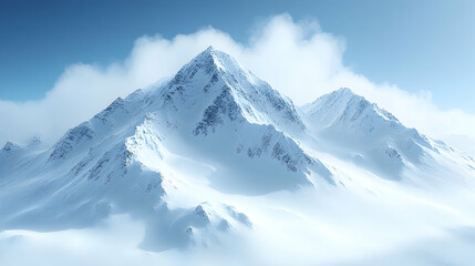 Snowy mountains pierce blue skies blanketed with cloud layers Jagged peaks rise high pristine and white A stunning s