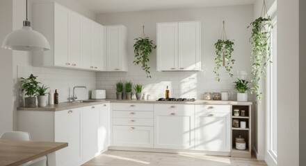 Modern White Kitchen Design - Bright, airy kitchen with white cabinets, wood floors, and hanging plants. Minimalist and clean design