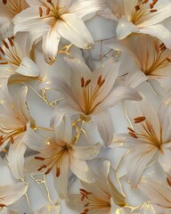 Elegant floral pattern featuring lilies with delicate petals and gold accents against a smooth, white background. Sophisticated botanical design.