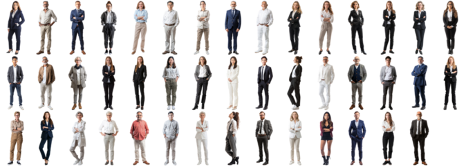 Many business people set isolated background, casual formal attire wear, full body length, networking mixed different diversed businesspeople, happy male female, successful career, crisp edges style