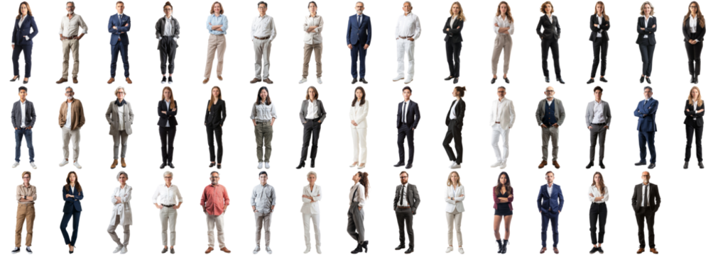 Many business people set isolated background, casual formal attire wear, full body length, networking mixed different diversed businesspeople, happy male female, successful career, crisp edges style
