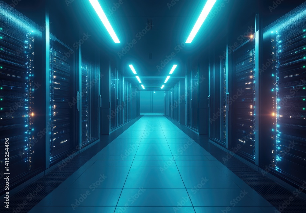 Aufkleber high-tech server room with glowing blue lights and symmetrical hardware racks, ideal for visuals on 