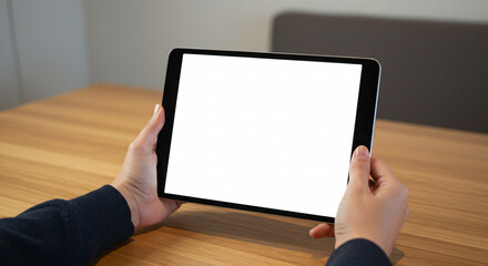 Hands Holding Tablet with Blank White Screen on Wooden Table &ndash; Modern Digital Device Concept

