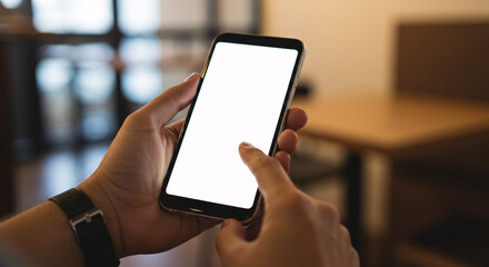 Hands Holding Smartphone with White Screen in Indoor Setting &ndash; Digital Communication Concept

