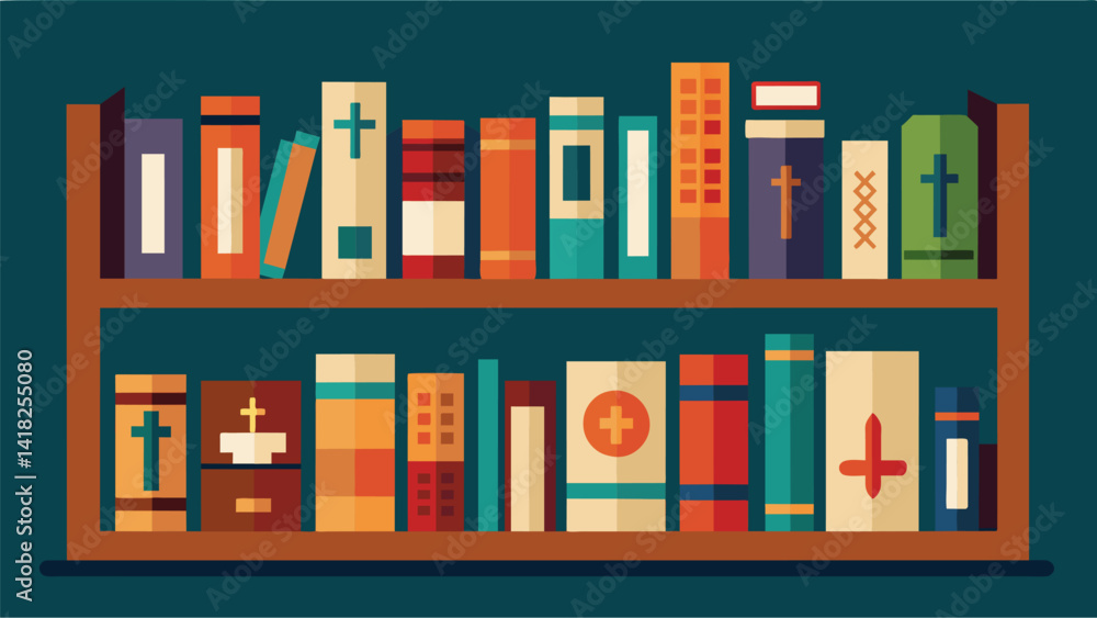 Poster a neat and tidy bookshelf in the library showcasing a wide variety of religious literature.. vector 