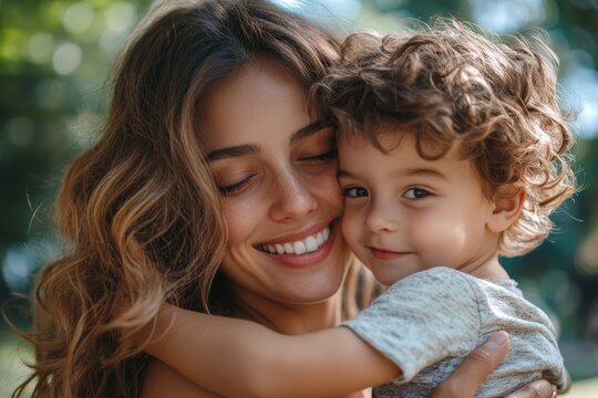 Happy mom holding son boy in arms, hugging kid with noses touch, smiling, enjoying warm moment. Younger mum carrying kid and dancing in the park. Motherhood, adoption, family