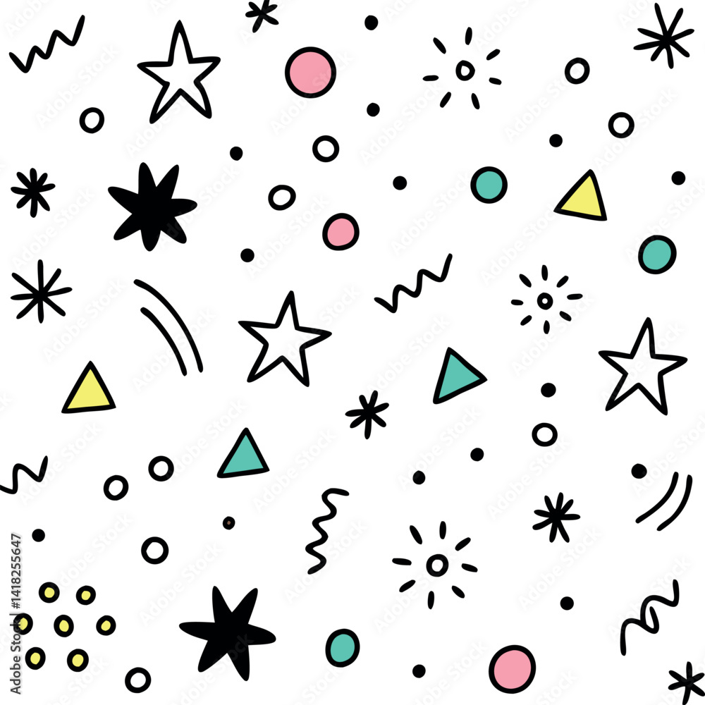Poster playful abstract doodle pattern with stars triangles and circles on a white background for creative 