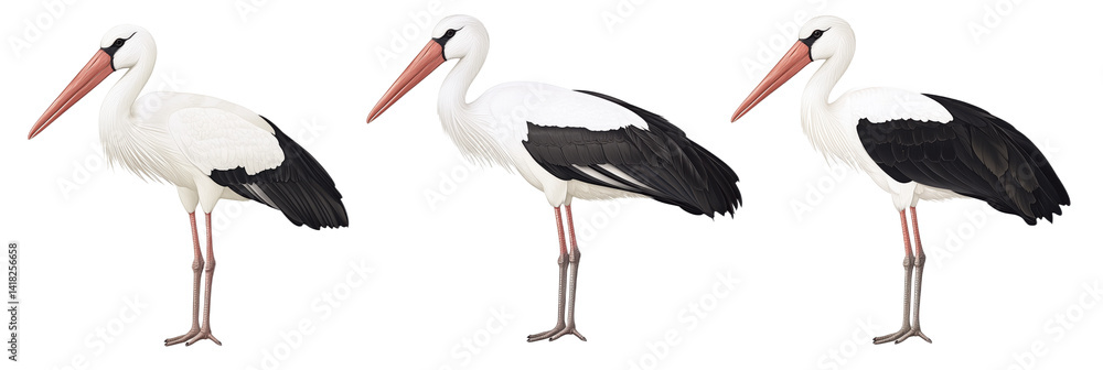 Poster storks in various poses displaying distinctive features and plumage variations, isolated on transpar