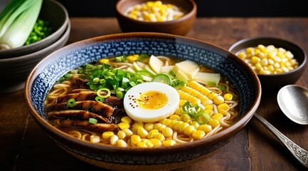 A vibrant bowl of ramen with eggs, pork, corn, and green onions on a wooden background, accompanied by chopsticks and a cup of broth