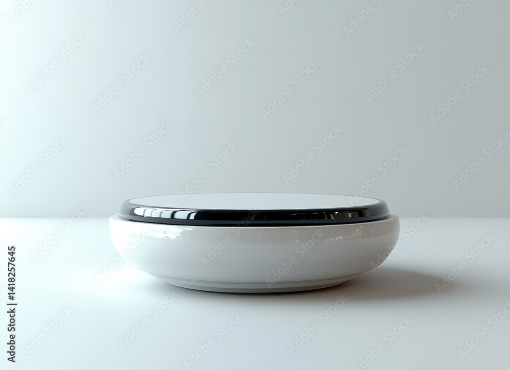 Poster white circular object with metallic rim on isolated white background