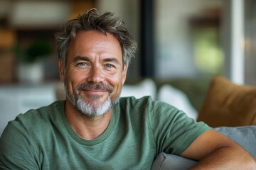 Portrait of happy smiling middle aged mature senior 50 years old bearded man wearing green shirt sitting on couch at home interior looking at camera relaxing on sofa in modern