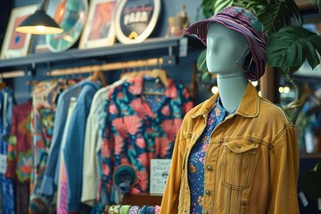 Fototapeta premium 1970s Inspired Fashion Boutique with Modern Wearables and Trendy Accessories