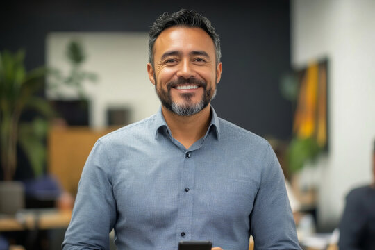 Smiling handsome Latin business man executive or employee using cell phone, happy bearded young businessman holding smartphone working on cellphone technology standing in modern office