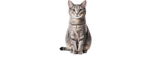A gray tabby cat sitting upright and looking forward on a white background