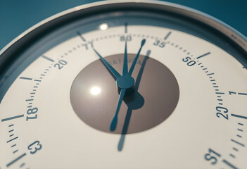 close up of a clock with a blue background