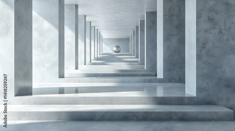 Poster abstract architectural image of a minimalist concrete structure with a metallic sphere, showcasing l