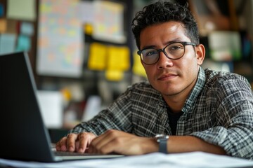 Young busy latin professional business man checking document working at laptop computer in office. Serious businessman accountant expert reading legal