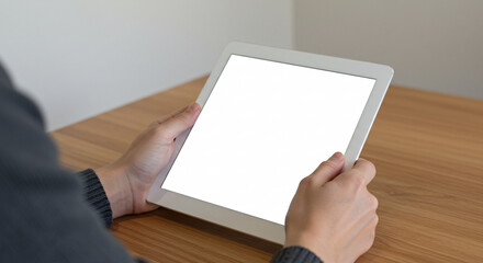 hands holding tablet, blank white screen, wooden table, casual setting, closeup view, digital device, technology, modern lifestyle, minimalist, neutral tones, soft lighting, personal electronics, touc