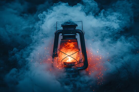 Burning oil lamp amidst swirling smoke in the dark. - Powered by Adobe