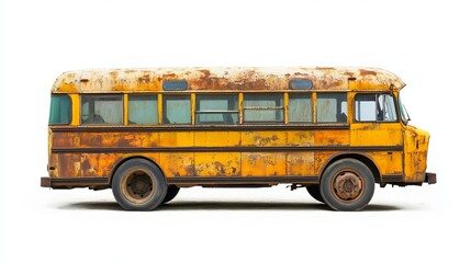 Rusty Vintage School Bus Abandoned Vehicle Old Yellow Transportation Classic Retro Schoolbus Aged Weathered Derelict Forgotten Transportation Side Profile Isolated Background Detailed Image Photograph