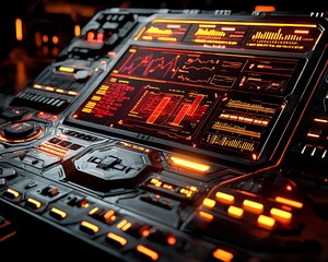 Futuristic control panel with glowing orange displays.