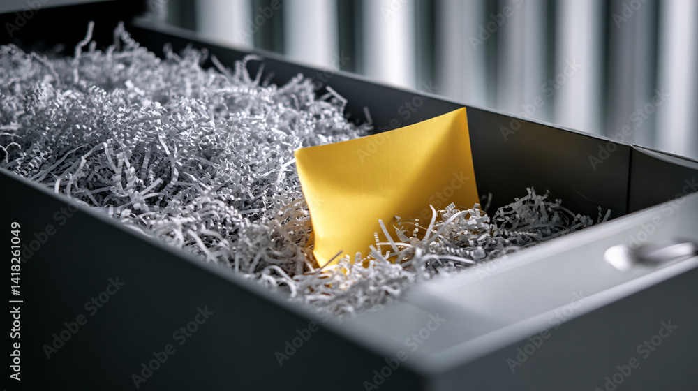 Poster gray shredded paper fills a dark gray drawer, with a yellow blank card partially submerged it sugges