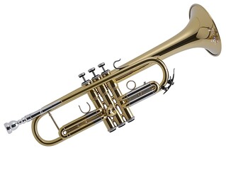 Fototapeta premium Polished brass trumpet, angled view, showcasing its musical instrument design.