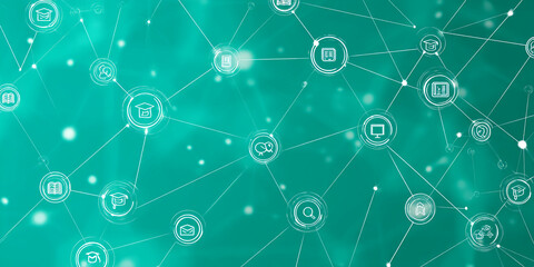 Teal background with interconnected circles showcasing education icons, symbolizing online learning network, knowledge sharing, and global connectivity