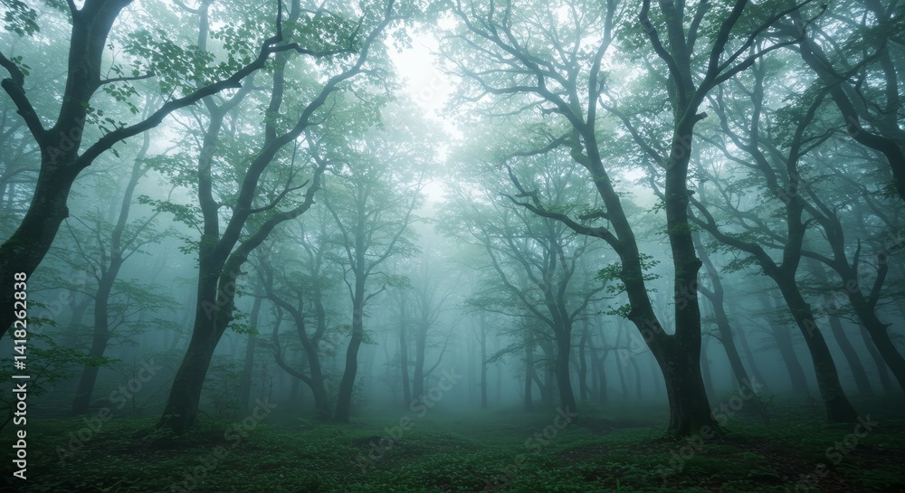 Poster misty forest path - a serene path winds through a dense, misty forest, creating an atmosphere of mys