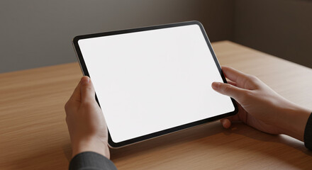 Hands Holding Tablet with Blank White Screen on Wooden Table &ndash; Modern Digital Device Concept

