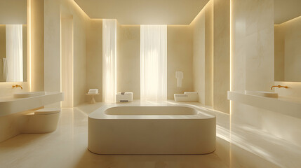 Luxurious minimalist bathroom interior design; featuring a freestanding bathtub, sleek sinks, and soft natural light.