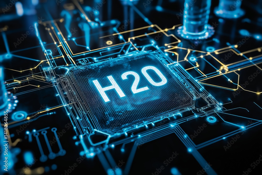 Aufkleber H2O processor glowing at center of vibrant blue circuit board representing innovation in water-based chip cooling, Generative AI
