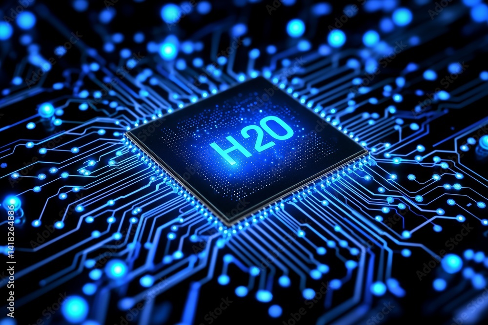 Aufkleber Close-up of futuristic H2O microchip with glowing blue core representing innovation in water-cooled computing technology, Generative AI