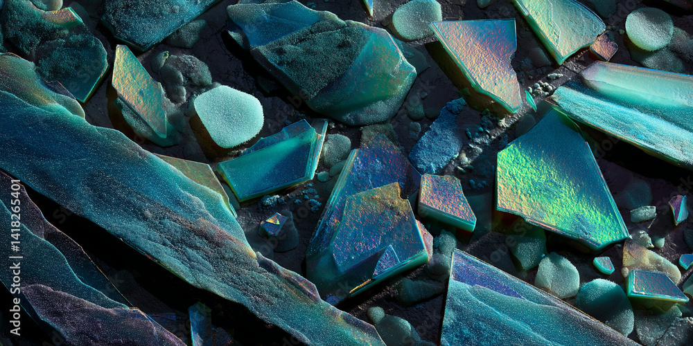 Aufkleber iridescent teal and blue fractured glass pieces on dark background, creating a textured, abstract su