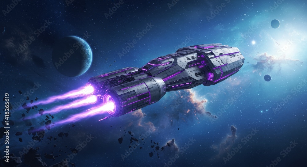 Poster starship voyager in deep space - a futuristic spaceship with purple engines travels through a nebula