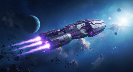 Obraz premium Starship Voyager in Deep Space - A futuristic spaceship with purple engines travels through a nebula, passing planets and asteroids