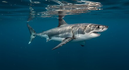 Naklejka premium Great White Shark Underwater Portrait Danger Swimming in Ocean Predator with Open Jaws Showing Teeth Hunting in Deep Water 