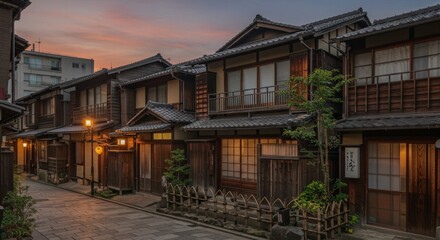 Tranquil Evening in a Japanese Street - A serene twilight scene showcasing traditional Japanese wooden houses lining a quiet street. Warm light illuminates the buildings