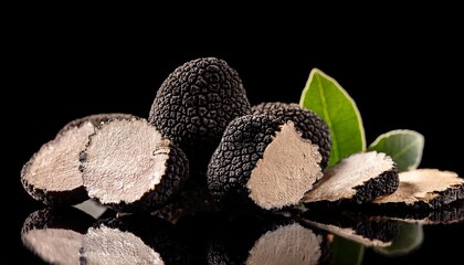 Black truffles and slices on black