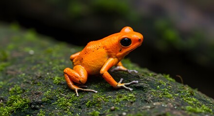 Fototapeta premium A stunning close-up shows a brilliant orange poison dart frog perched on a moss-covered log.