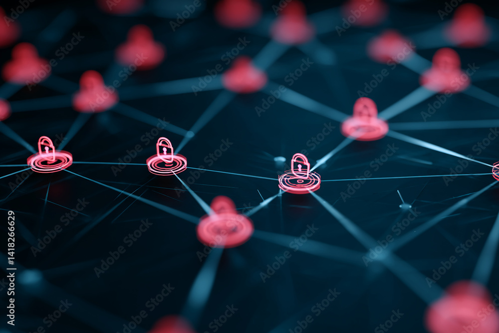 Poster abstract network graphic with red nodes and connecting lines, symbolizing cybersecurity, data connec