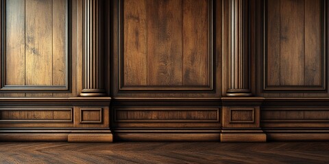 Classic premium luxury wood paneling wall background or texture. Highly crafted traditional wood paneling wall and floor, with a frame and column pattern, Extra wide format. Hand edited generative