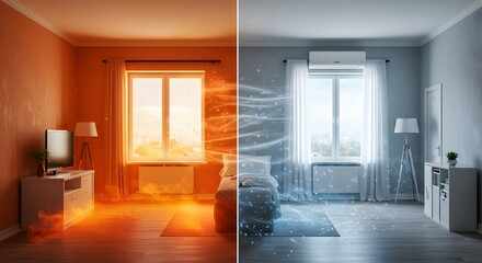 A visual comparison of a hot room transformed into a cool, air-conditioned space with climate control.
