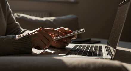 Hands Using Smartphone and Laptop in Modern Workspace with Soft Lighting &ndash; Productivity and Digital Lifestyle

