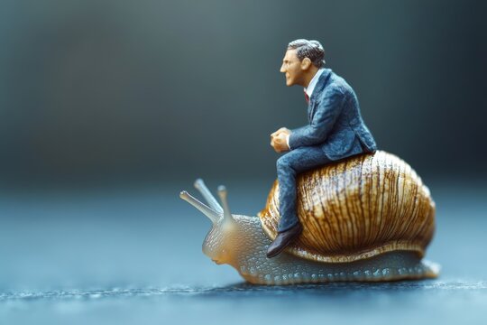 Slow growth, inefficient or stupid mistake, businessman idiot leader riding slow snail never reach goal, losing business competition