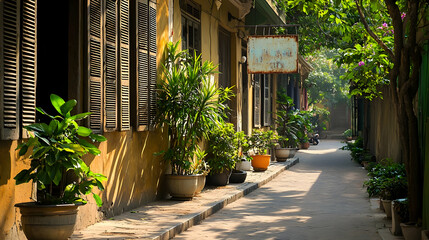 Obraz premium Sunny Alleyway With Aged Buildings And Plants