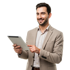 Smiling businessman in suit holding a tablet, isolated on transparent background, PNG format